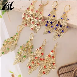 New Trend Hoop Jewelry 18k Gold Plated Long Tassel Hollow Metal Geometric Hollow out Leaf Earring