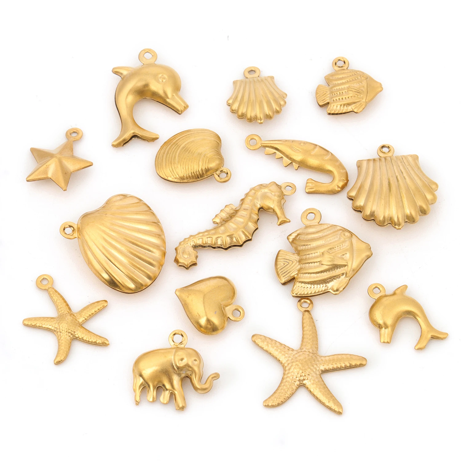 5pcs/Lot Stainless Steel Gold Color Marine Animals Dolphin Shell Starfish Elephant Moon Star Charm Pendant For Jewelry Making