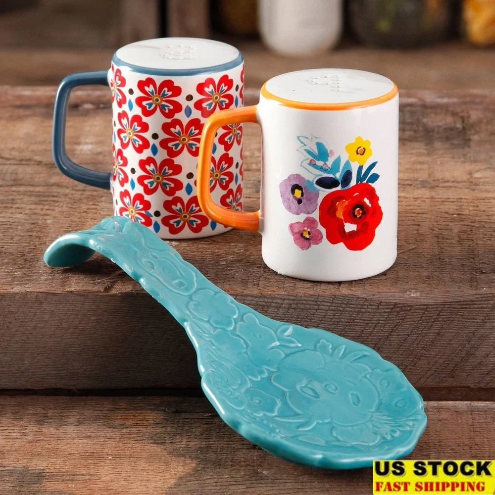 

Floral Spoon Rest Salt and Pepper Shakers Kitchen Essentials Durable Stoneware Vibrant Colorful Design Kitchen Counter Decor