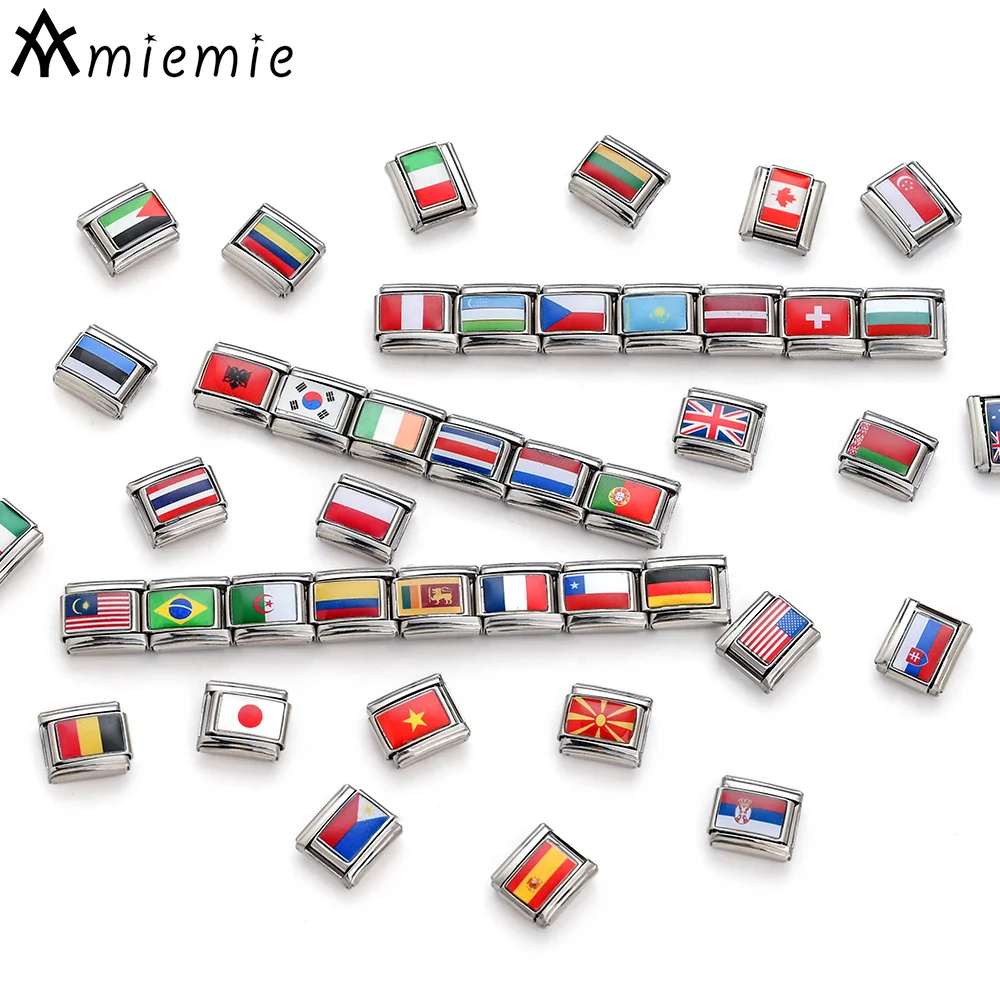 1 Uds. Cuentas de acero inoxidable italiano con bandera del mundo colorida de 9 × 10mm para pulsera de mujer, accesorios de fabricación de joyería