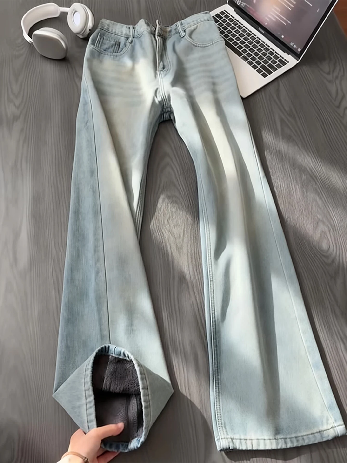 

Retro American Blue Fleece Lined Men's Jeans Thick Warm Straight Leg Ankle Length Knife Flared Pants for Winter