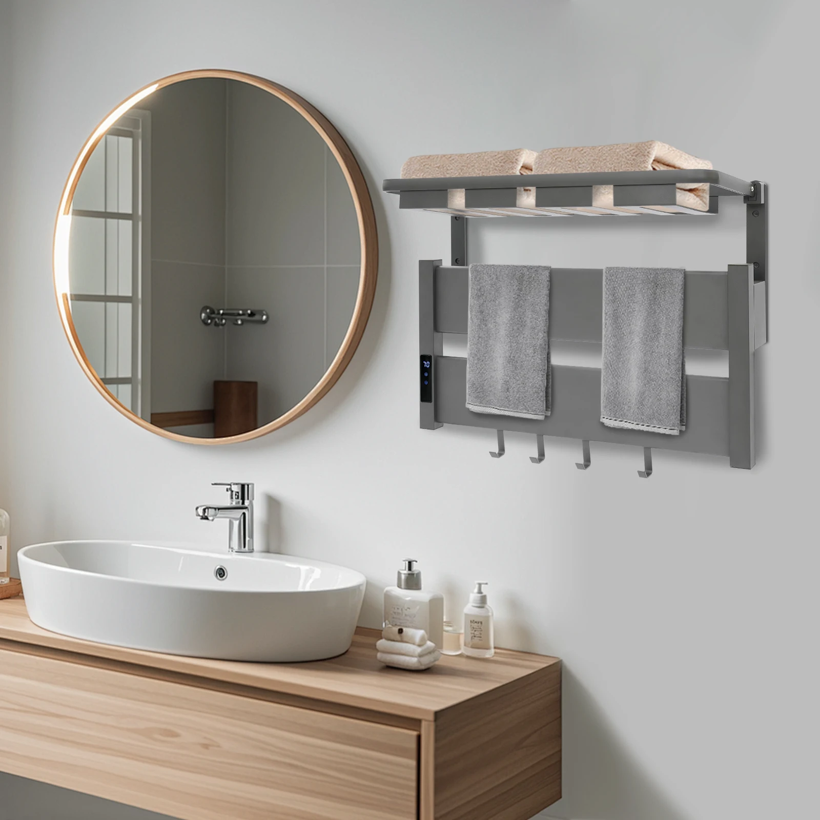

Grey Aluminum Electric Heated Towel Warmer Rack, 110V 100W Wall-Mounted Heated Towel Rack, Adjustable Time and Temperature