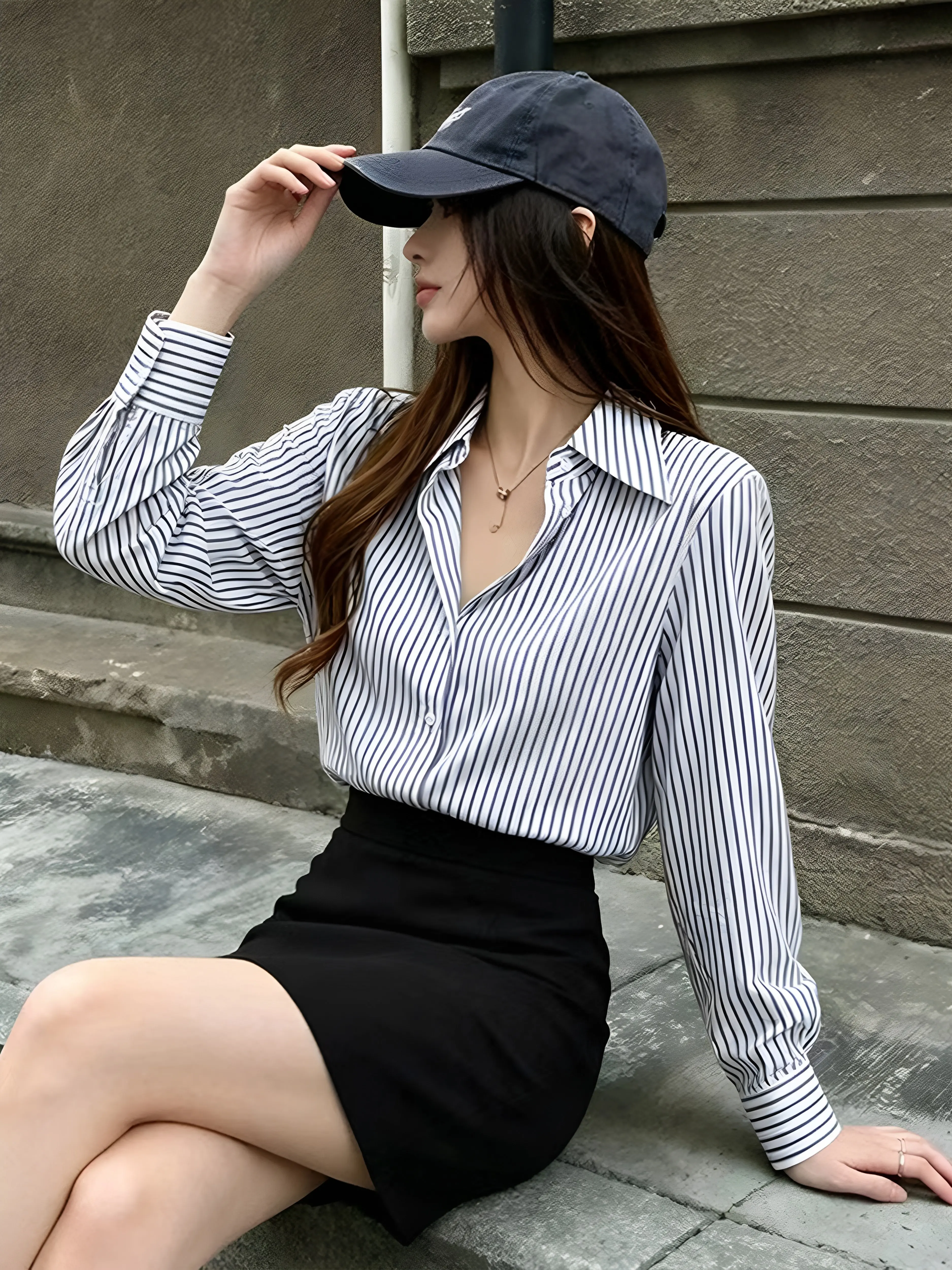 Elegant Blue Stripe Shirt Women's Long Sleeve Turn-down Collar Commute Style Autumn Fashionable Versatile Top Luxury Feel