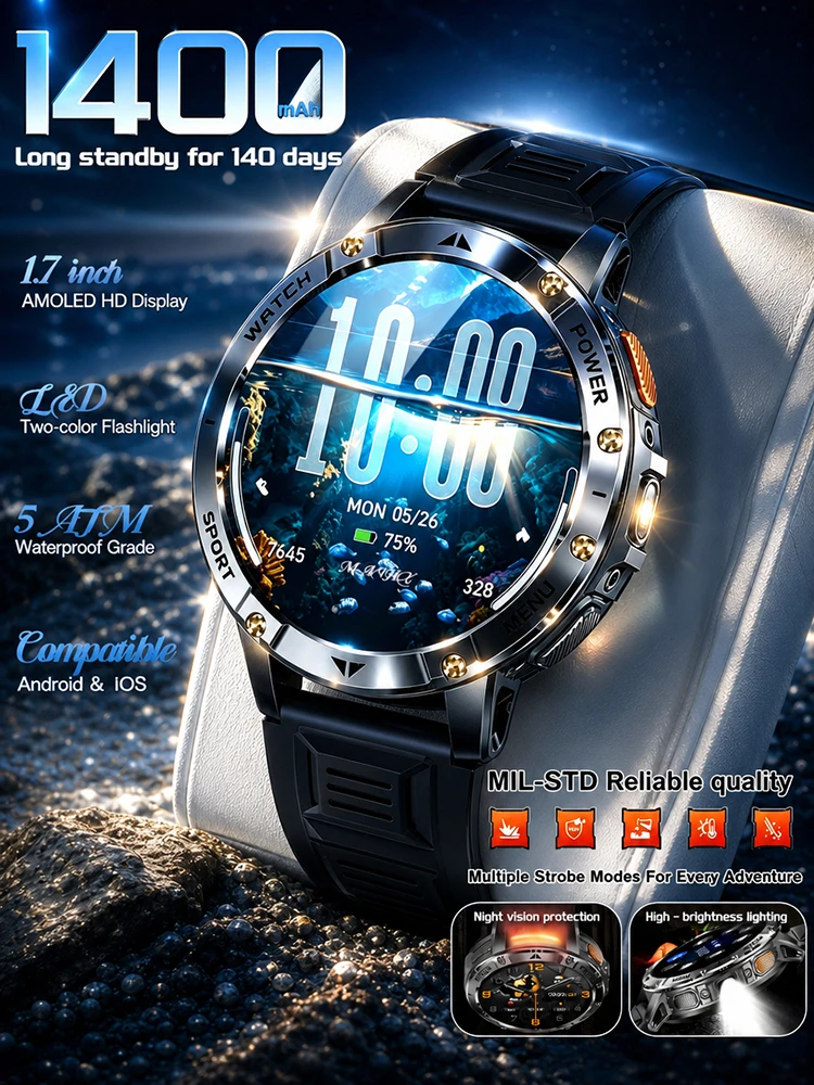 TANK Ultra Outdoor Smartwatch, 1400 mAh Akku, Militäruhren, wasserdicht, zweifarbig, taktische LED-Taschenlampe, Herren-Sportarmband