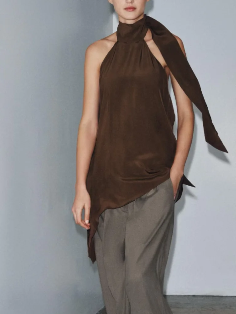 

Коричневый сексуальный жилет без рукавов с лямкой на шее, женский элегантный жилет с открытой спиной и открытыми плечами, свободные рубашки с нерегулярным подолом, 2026, женская уличная одежда для отдыха