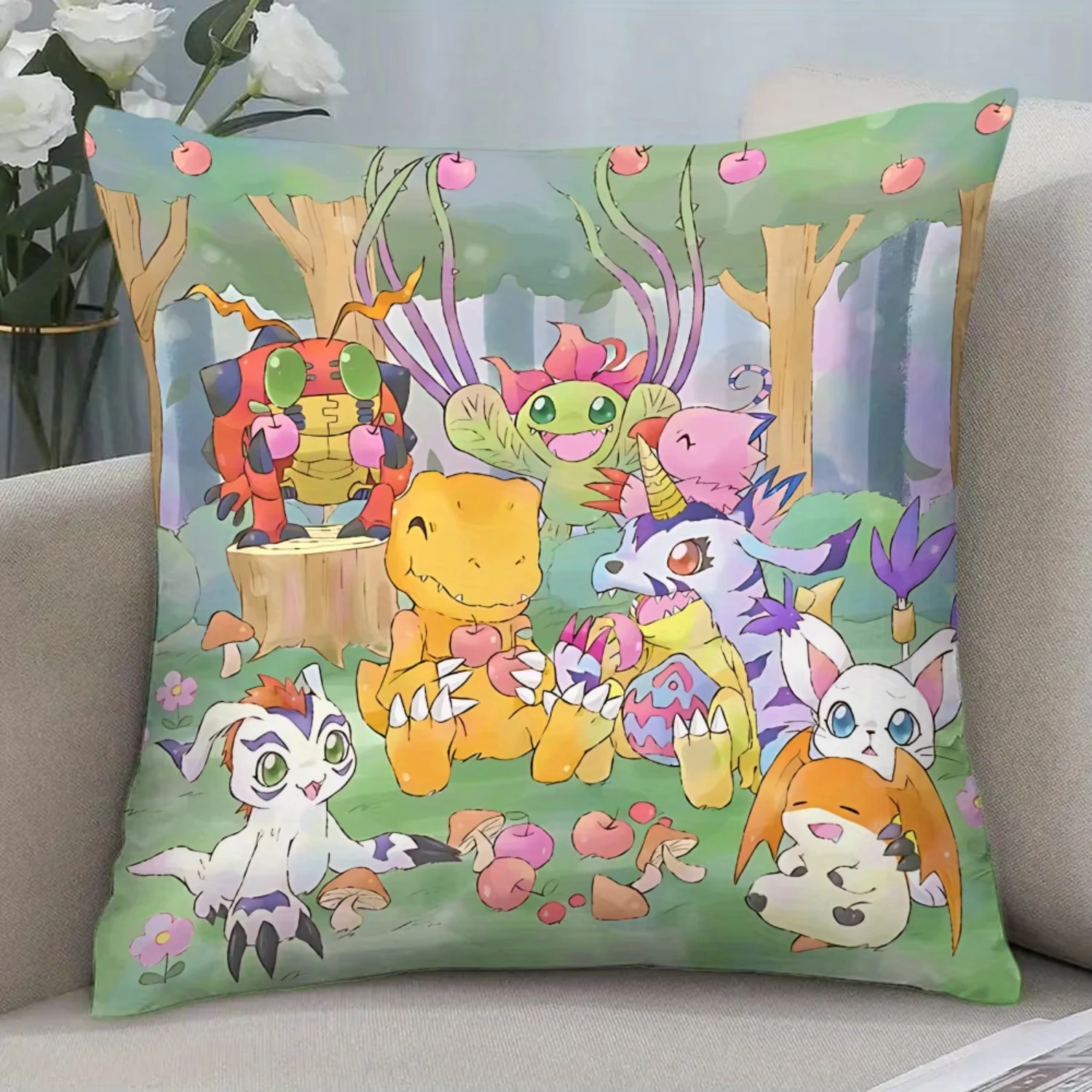 Cute Digimon Character Printed Pillow Cover, Double Sided Soft Polyester Cushion for Home Sofa Bedroom Car Decor Gift