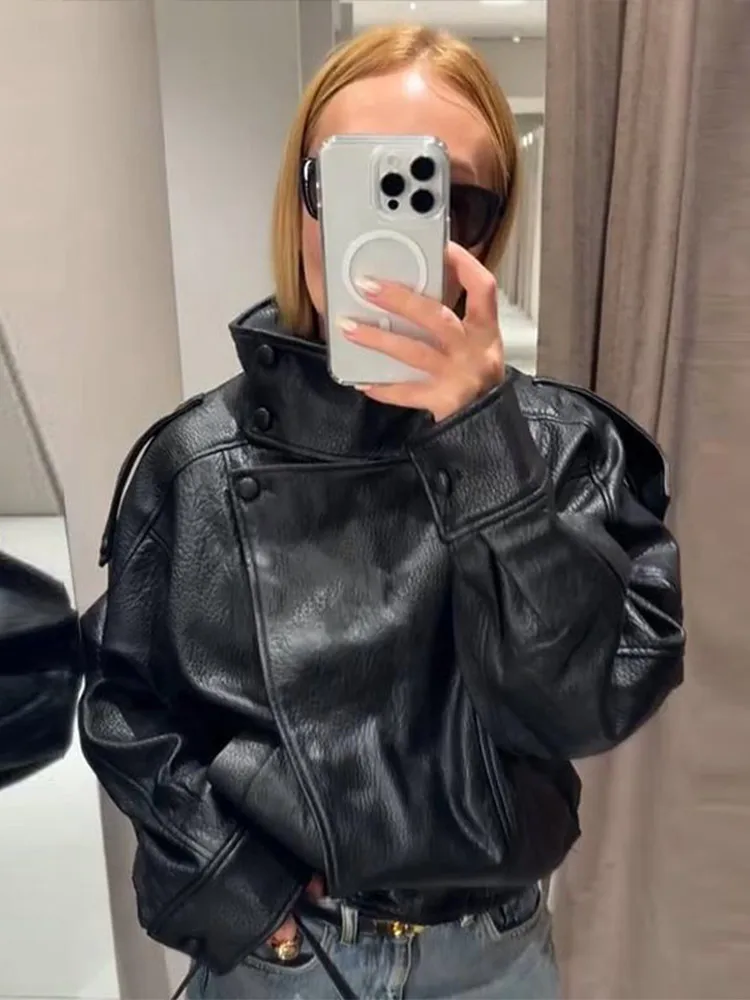 Dámská bunda se stojáčkem, plný rukáv, dvojité knoflíky, jednobarevná, dámská kožená bunda, podzimní móda 2025, dámské svrchní oblečení - náhled 3