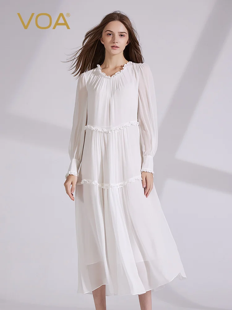 

VOA12 Mmisan silk white fungus edge round neck long sleeve tie loose silk cake dress