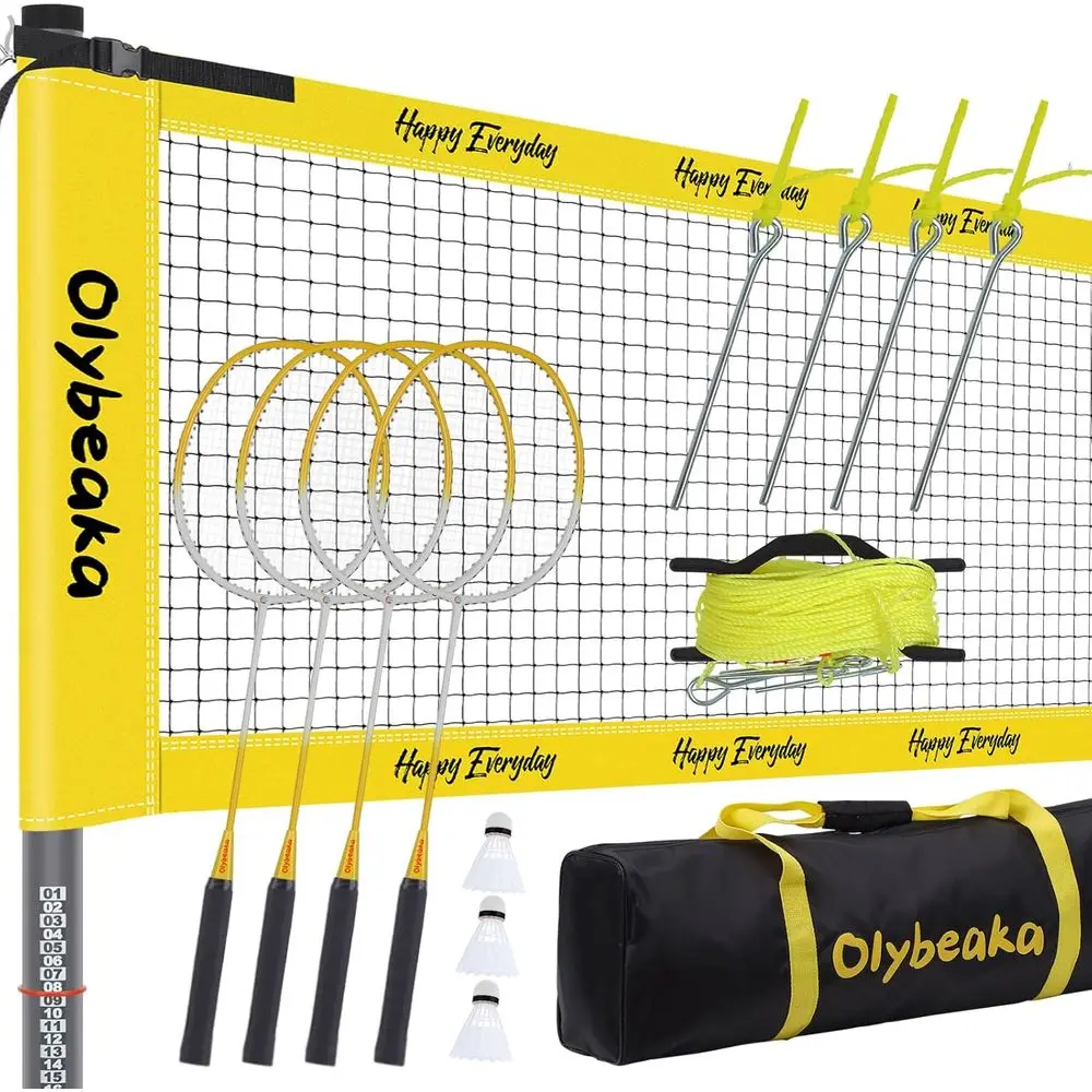 

Portable Outdoor Badminton Set with Anti-Sag Net, 4 Carbon Rackets, 3 Shuttlecocks, and Carry Bag