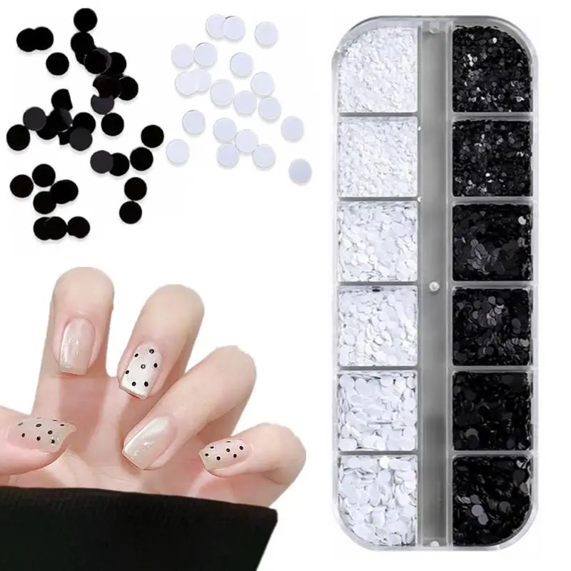12 Grids Black And White Polka Dot Sequins Nail Art Accessories Retro Floral Patchwork Glitter DIY Versatile Round Dot Glitter