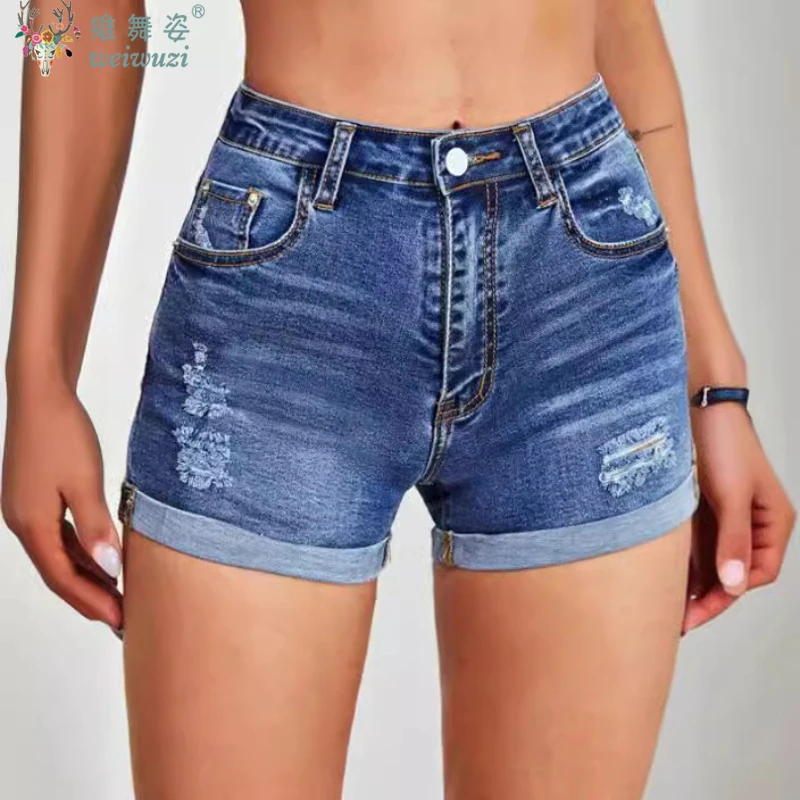 女性用カールデニムショートパンツ、ダメージジーンズ、カジュアルブルーハイウエストパンツ、夏用Aラインスリムフィットファッション、必須アイテム、通気性デニムショートパンツ