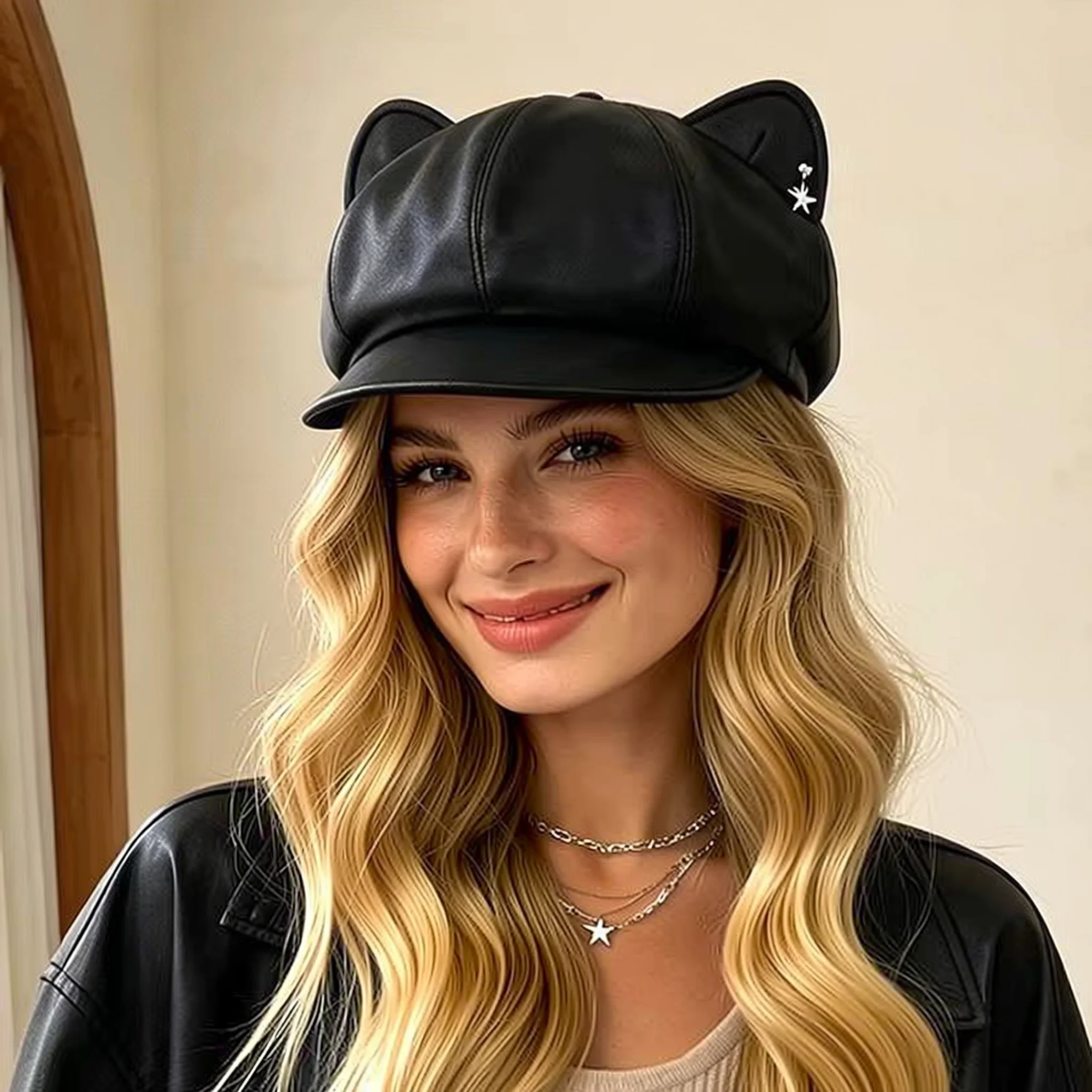 Cat-Ear Leather Octagonal Hat, Face Slimming Winter Newsboy Cap, Stylish Beret, Versatile for Autumn Winter Daily Street Wear