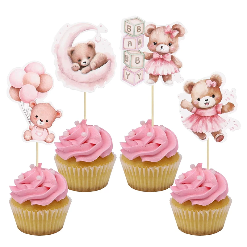 

12pcs Baby Bear Cupcake Toppers for Kids Boy Girl 1st Birthday Party Decoration Blue Pink Baby Shower Favors Cake Dessert Picks