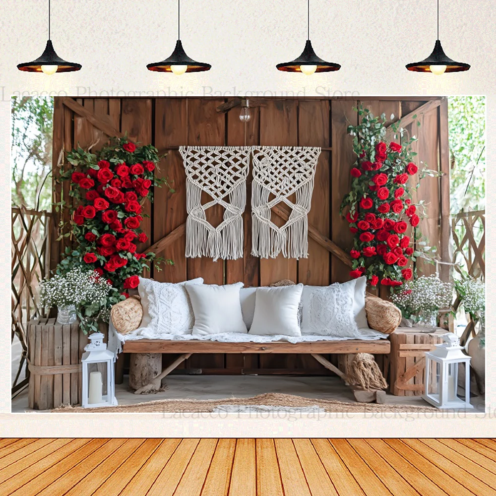 Red Rose String Lights Photography Backdrop Valentine's Day Couple Portraits Anniversary Day Boho Backgrounds Photo Studio Props