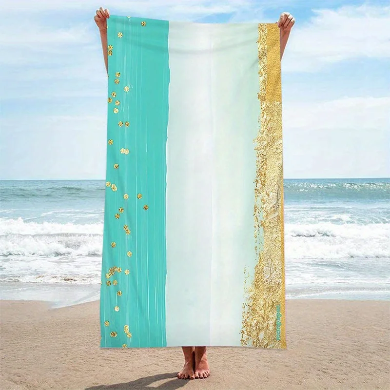 Toalla de playa Toalla de playa: protector solar con estampado dorado y aguamarina y resistente al viento, adecuada para piscina, camping, manta de viaje