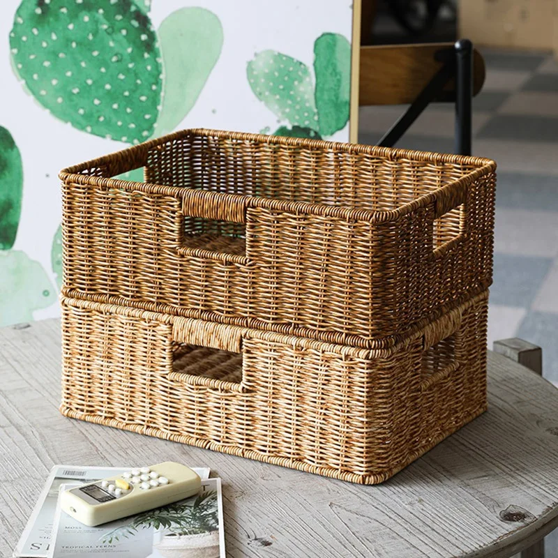 

BEAU-Wicker Storage Basket Rattan Woven Shelf Storage Basket Stackable Shelf Organizer Basket With Handle