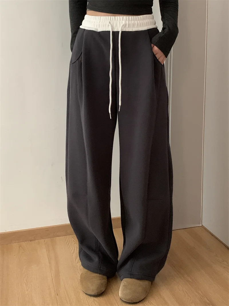 Korean Style High Waist Fleece Lined Loose Fit Sweatpants Color Block Paper Bag Trousers Casual Bend Knife Pants Women - view 3