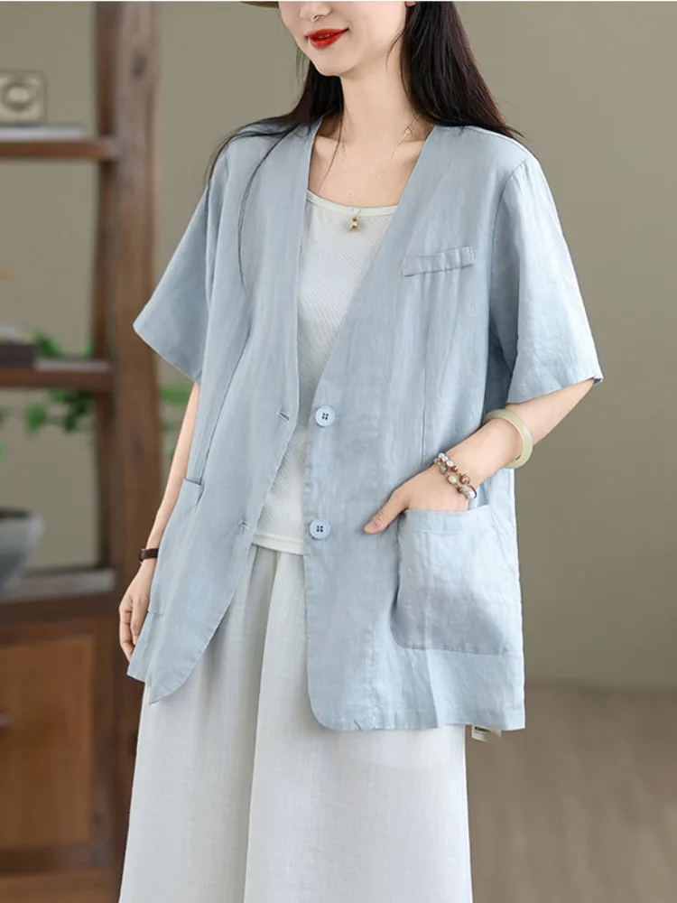 الرجعية القطن الكتان ort Sve دعوى Jaet المرأة الصيف رقيقة زر واحد سترة ملابس خارجية منتصف طول