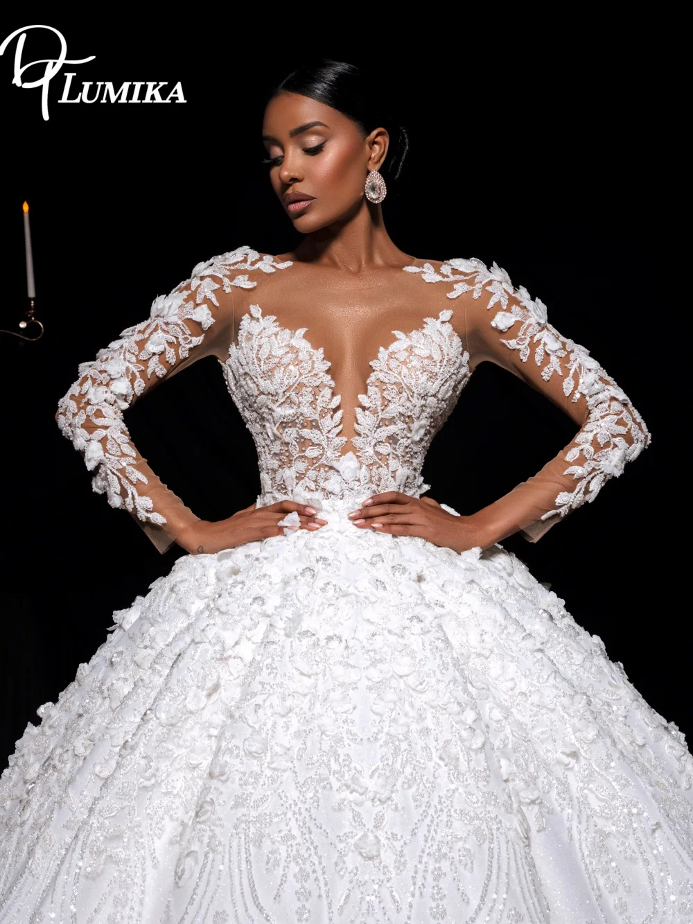 Romantic Long Sleeve Wedding Dress Sexy Deep V Neck 3D Floral Lace Applique Gown Elegant Sparkling Bridal Gown Vestidos De Novia
