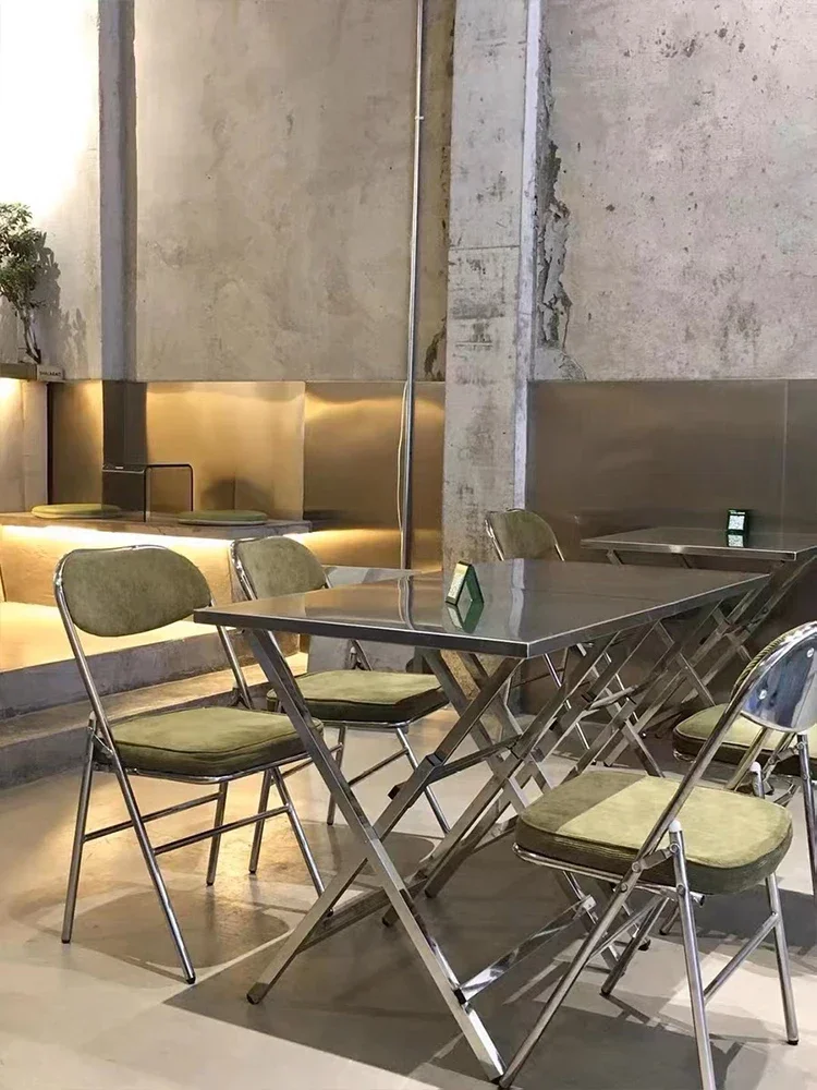 

A Custom-made industrial stainless steel table folding chairs for restaurants, barbecue shops, milk tea shops, cafes and western