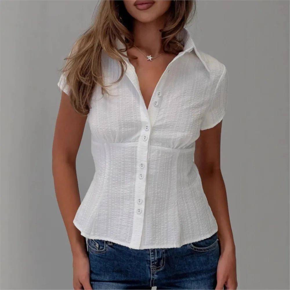 

Fashion Printed Shirt Women's New Summer Casual Lapel Top Double Button Sexy Slim Short Sleeve Shirt Blusas De Mujer Ropa Mujer