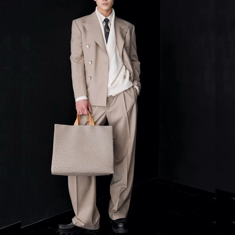 

Fashion Khaki Double Breasted Peak Lapel Men Suits 2 pieces Set (Jacket+Pants) Wedding Evening Party Daliy Casual Male Clothing