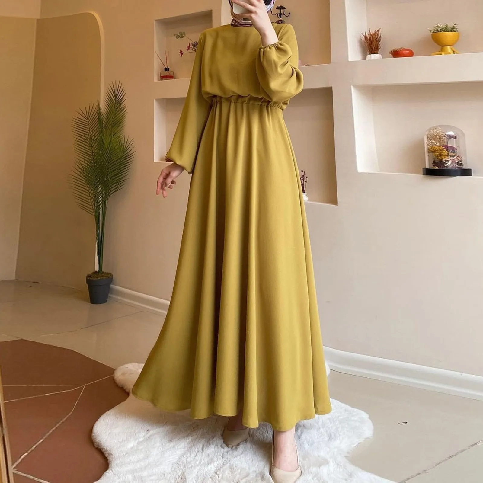 

Women Muslim Dress Eid Abaya O Neck Puff Sleeve Kaftan Arab Solid Color Long Robe Party Dress Vestidos Slim Fit Morocco Ramadan