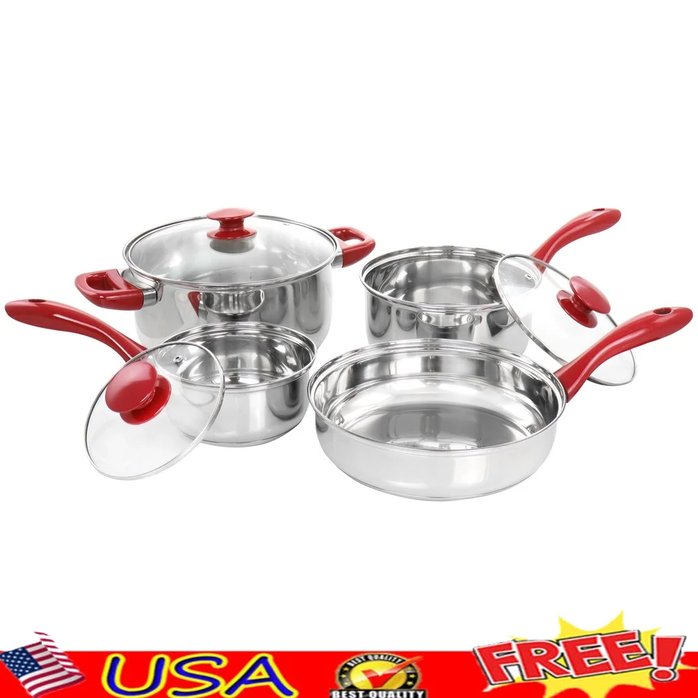 

7 Piece Stainless Steel Cookware Set Dishwasher Safe Durable Pots and Pans with Red Handles Ideal Home Kitchen Cooking