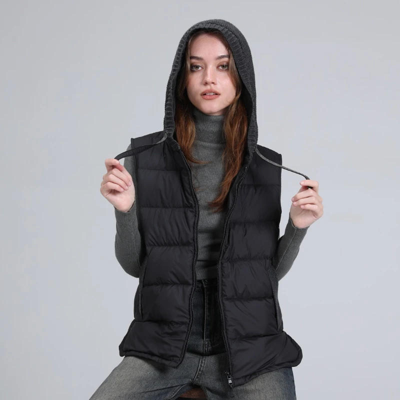 Autumn and Winter Women\'s  Knitted Patchwork  Short  Down Vest Casual Loose Versatile Hood Zipper Warm  Sleeveless  Coat