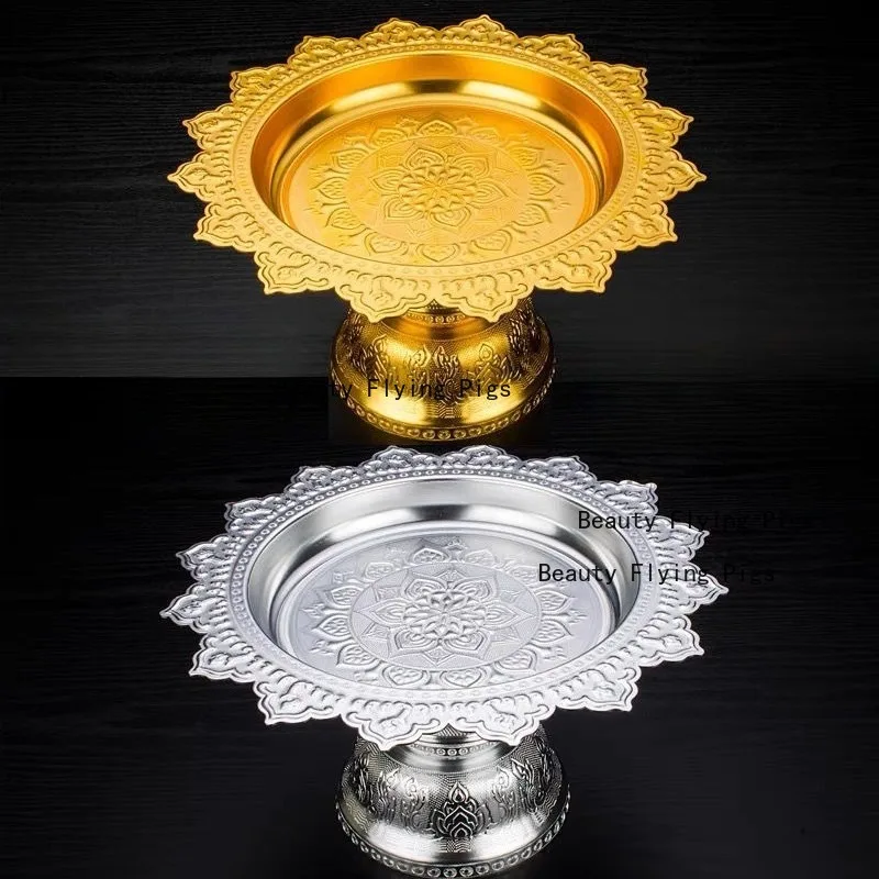 Thai Style Gilded Plate Supply Household Buddhist Gear Alloy Lotus High Foot Tribute Plate Buddha Hall Silver Fruit Plate