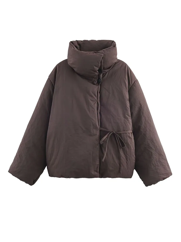 

HH Female High Collar Long Sleeve Casual Slim Street Coat Women Winter Cotton Clothes Chic Single-Breasted Lace-Up Short Jacket