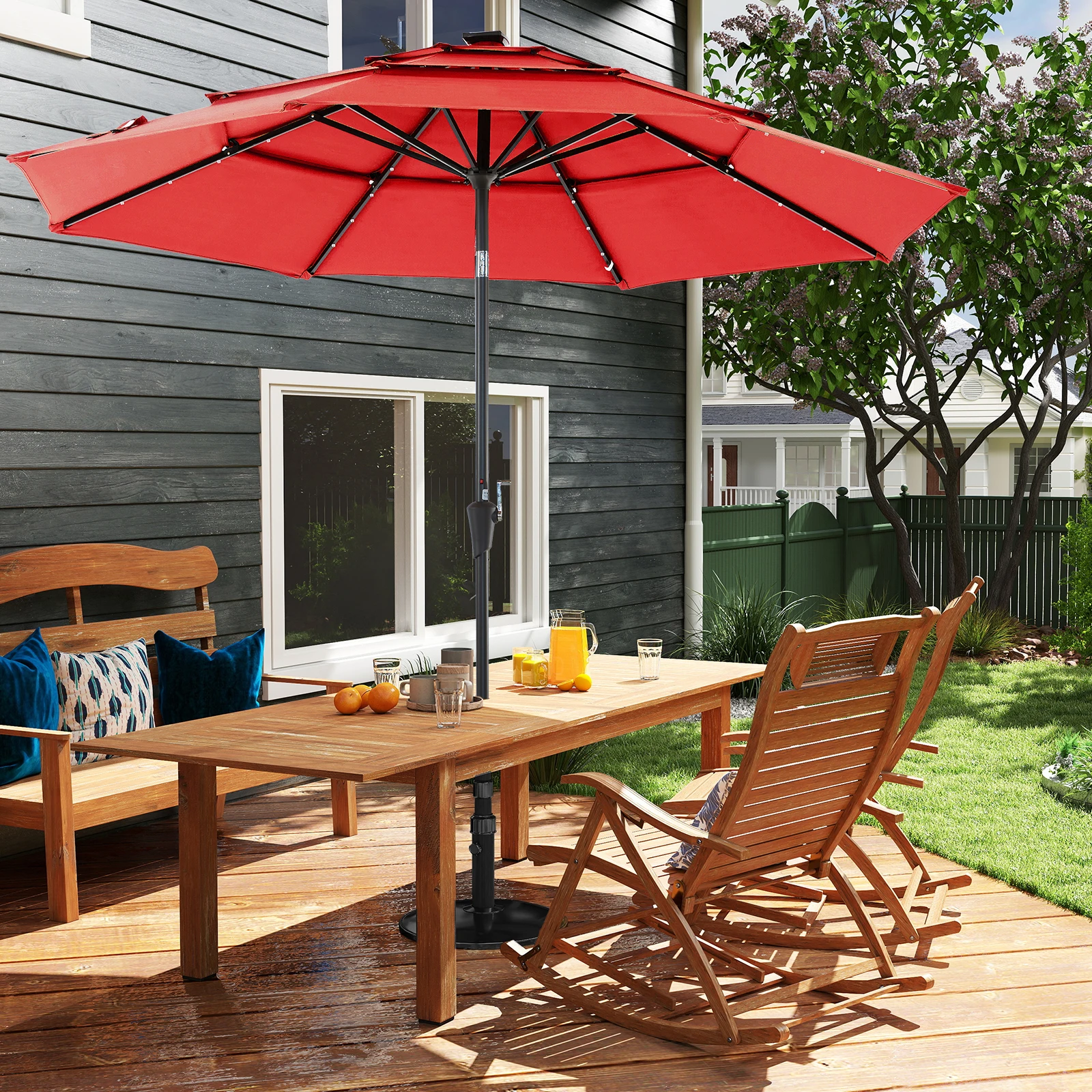 Solar LED patio umbrella in outdoor setting