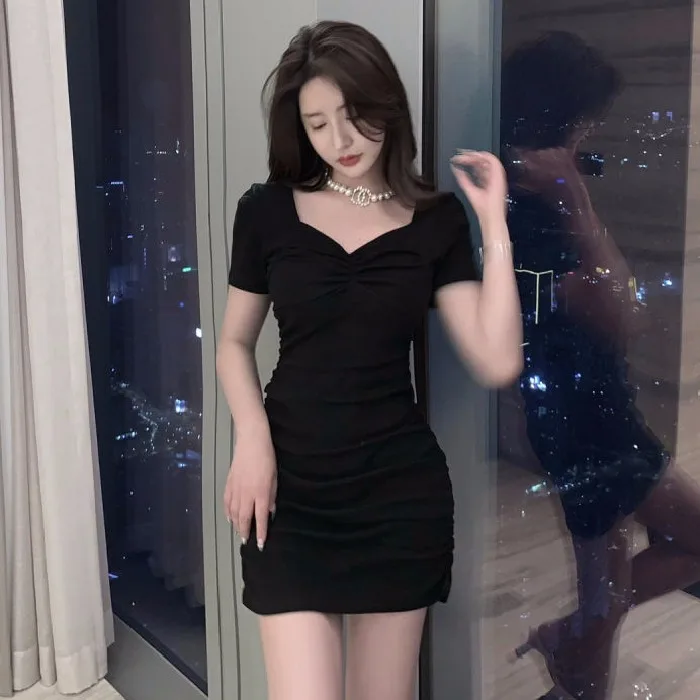 우아한 타이트 핏 미니 드레스 스퀘어 칼라 여름 새 스타일 하이 웨이스트 슬리밍 핫 소녀 스커트 한국 스타일 통근 퓨어 컬러