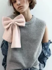 Ele ey Chaleco de punto Top con diseño de lazo redondo Neline Faionable ropa de mujer china H-ape Bal Sle