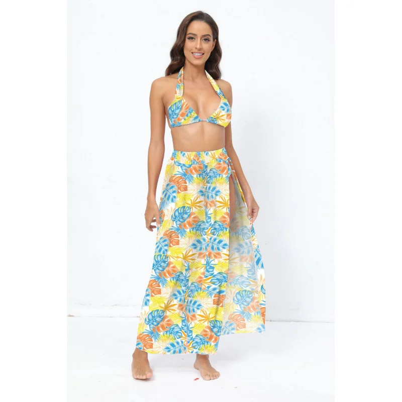 

New Year's Mesh Printed Bikini Three-Piece Set Sexy Beach Two-Piece Swimsuit with Slit SkirtOM20