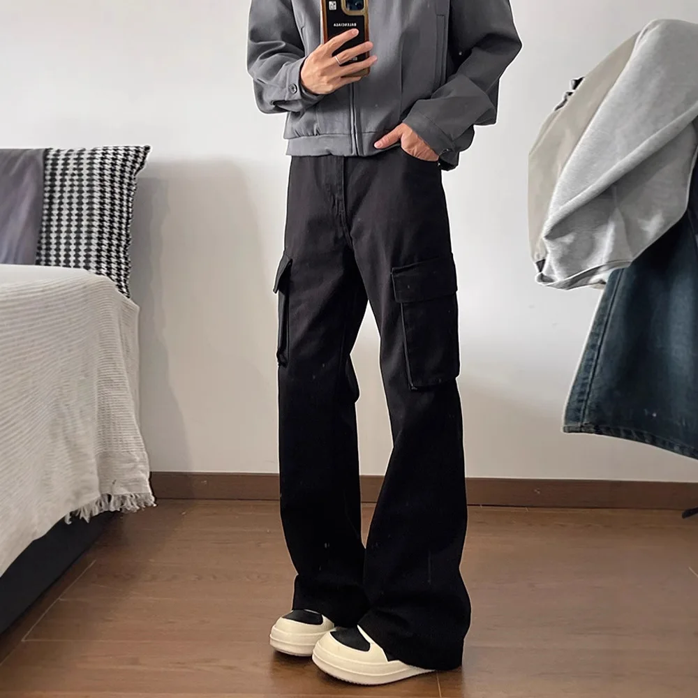 Male Pants Clothes Spring Autumn New Fashion Men's Black Brown Solid Color Simple Basic Casual Trendy Loose Flare Cargo Trousers