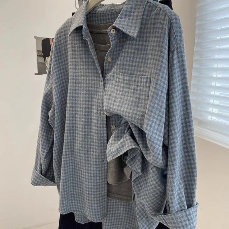 

Американские клетчатые куртки женские винтажные мешковатые повседневные уличные с отложным воротником Mujer Blusas повседневные эстетические мягкие минималистичные Y2k