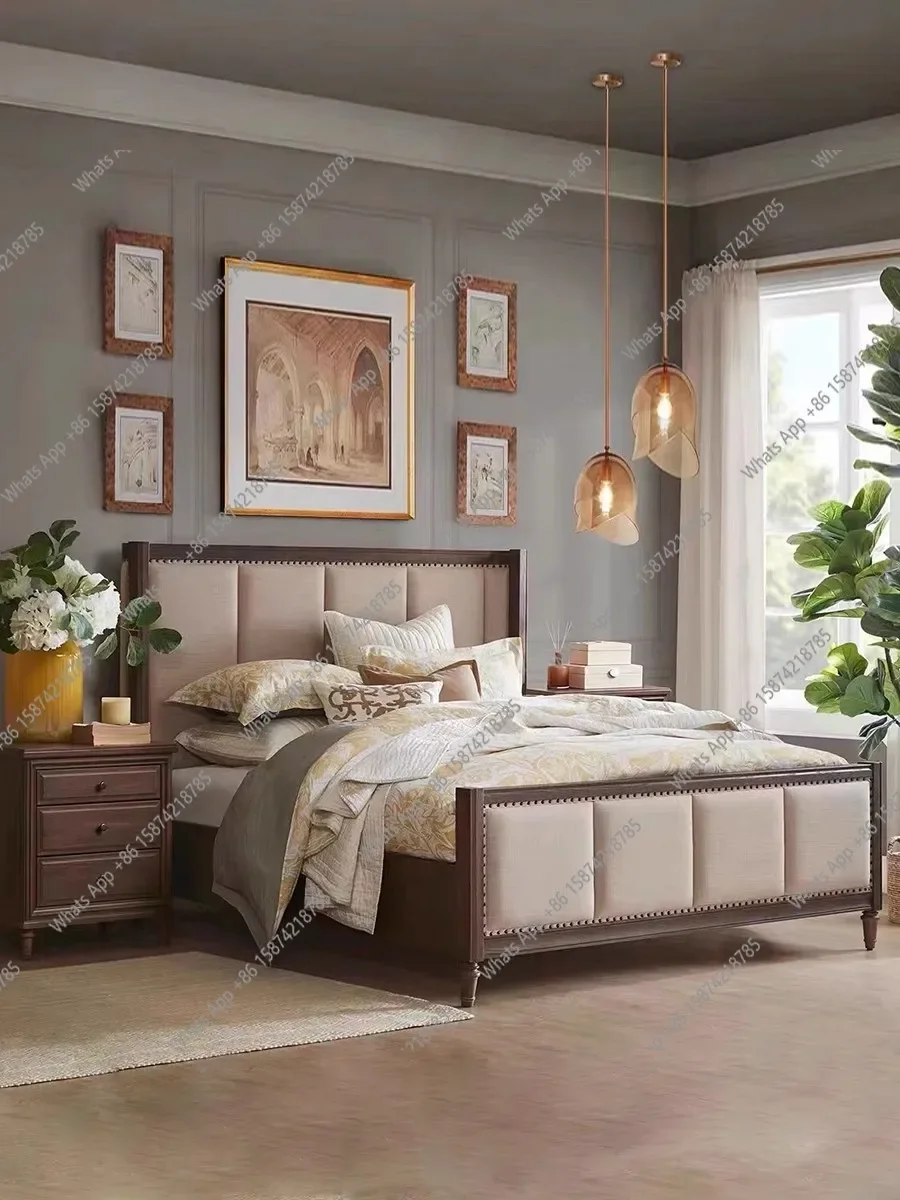 

S American Retro Solid Wood Double Bed, Master Bedroom 1.8m Queen Bed, French Upholstery Fabric Wedding Bed, 1.5m Oak Chest Of D