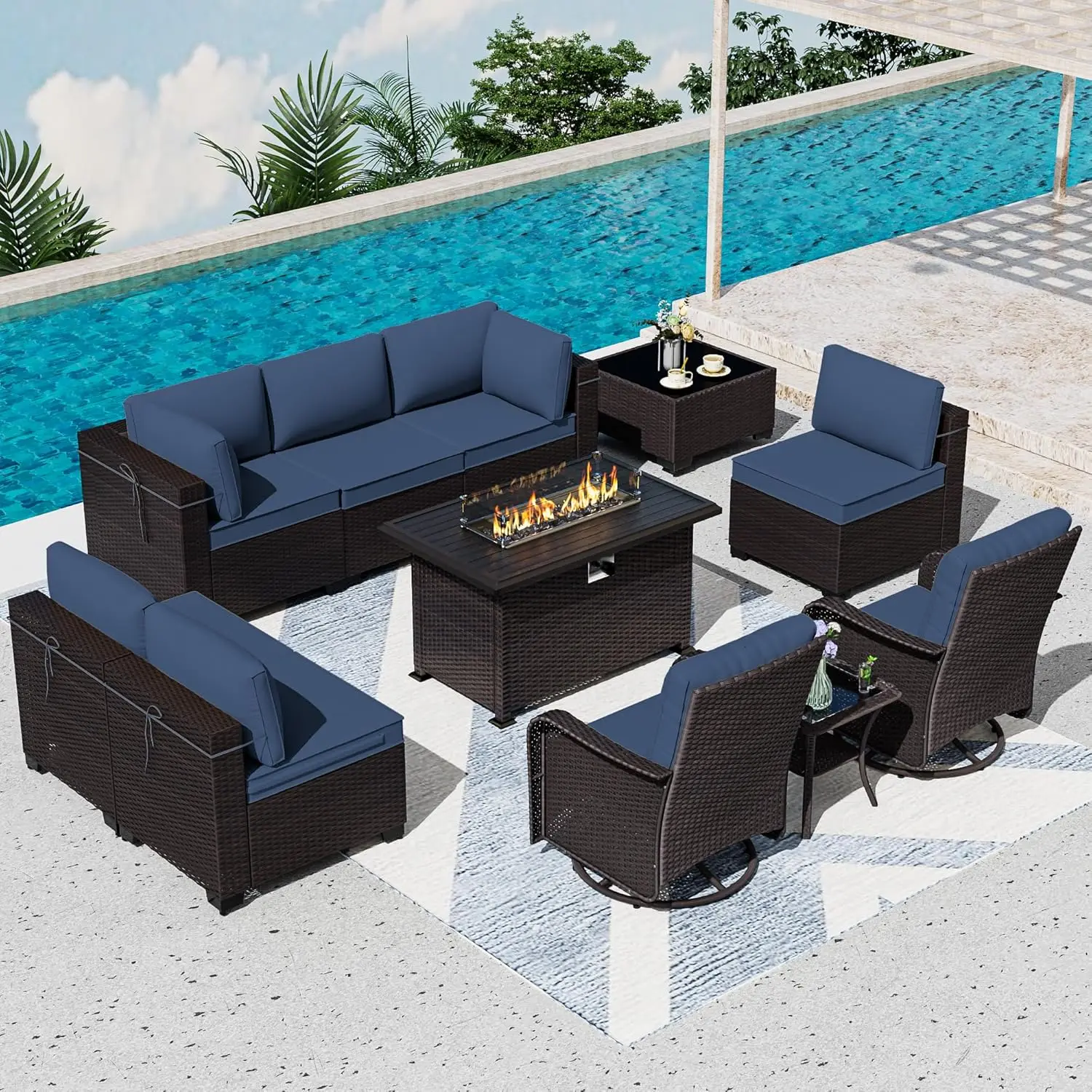 11 Pieces Patio Furniture Set with 2 Swivel Chairs Patio Furniture Outdoor Sectional Sofas with 55000 Gas Fire Pit