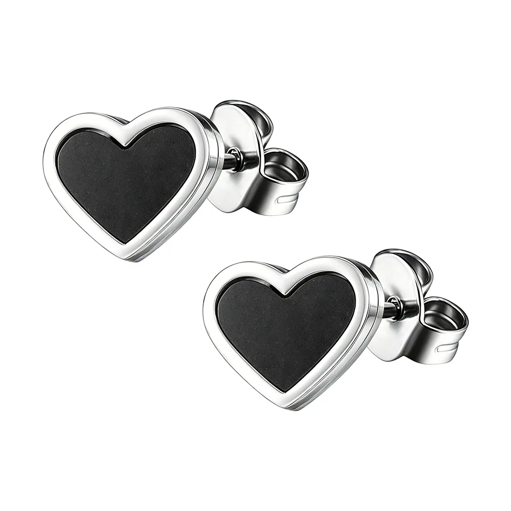 Edelstahl-Ohrstecker, schwarz, Push-Back-Verschluss, Herzform, Vakuumbeschichtung, kein leichtes Verblassen, antiallergisch, Größe von 2 mm bis 8 mm. – Detail 4