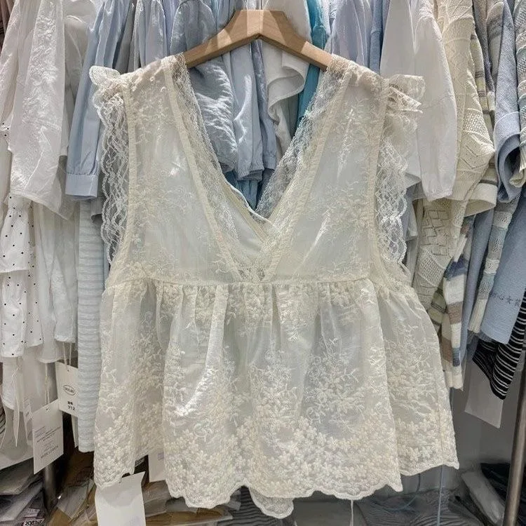 

Literary Lace V Neck Cover‑up Women Spring Summer White Loose Knitted Tanks Sweet Hollow Out Sleeveless Tops