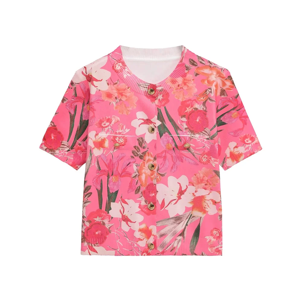 

BSK&TRAF2025single-breasted round-neck flower print casual simple short knitted short-sleeved T-shirt tops for women