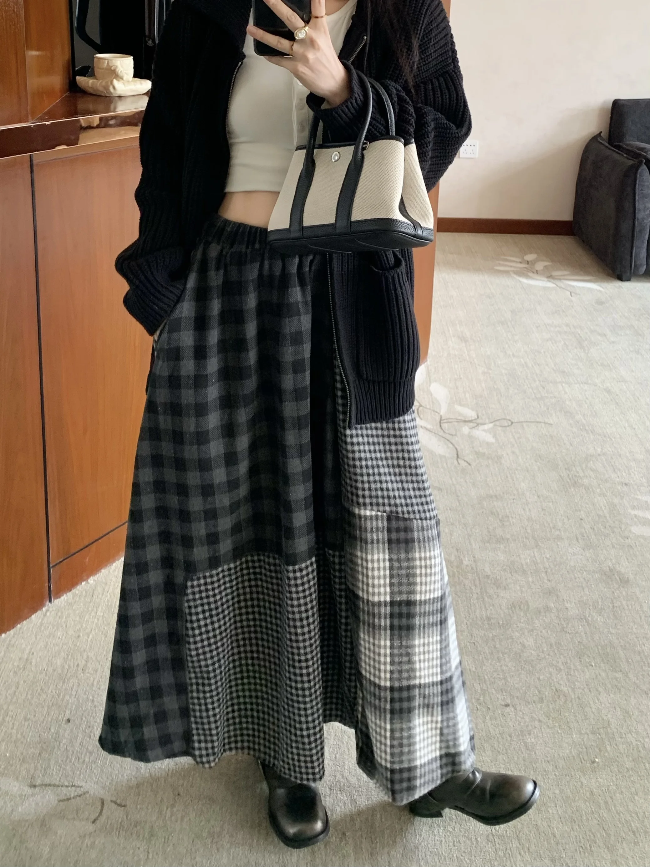 تنورة نسائية ريترو Y2k منقوشة من الصوف ميدي تنورة خريفية مرنة الخصر تنورة غير رسمية على شكل حرف a Harajuku Niche Preppy متعددة الاستخدامات