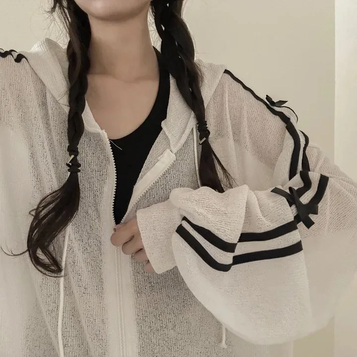 

Plus Size Women Hooded Sun Protection Summer Thin Loose Slimming Breathable Cardigan Top Trendy White Sunscreen Long Sleeve