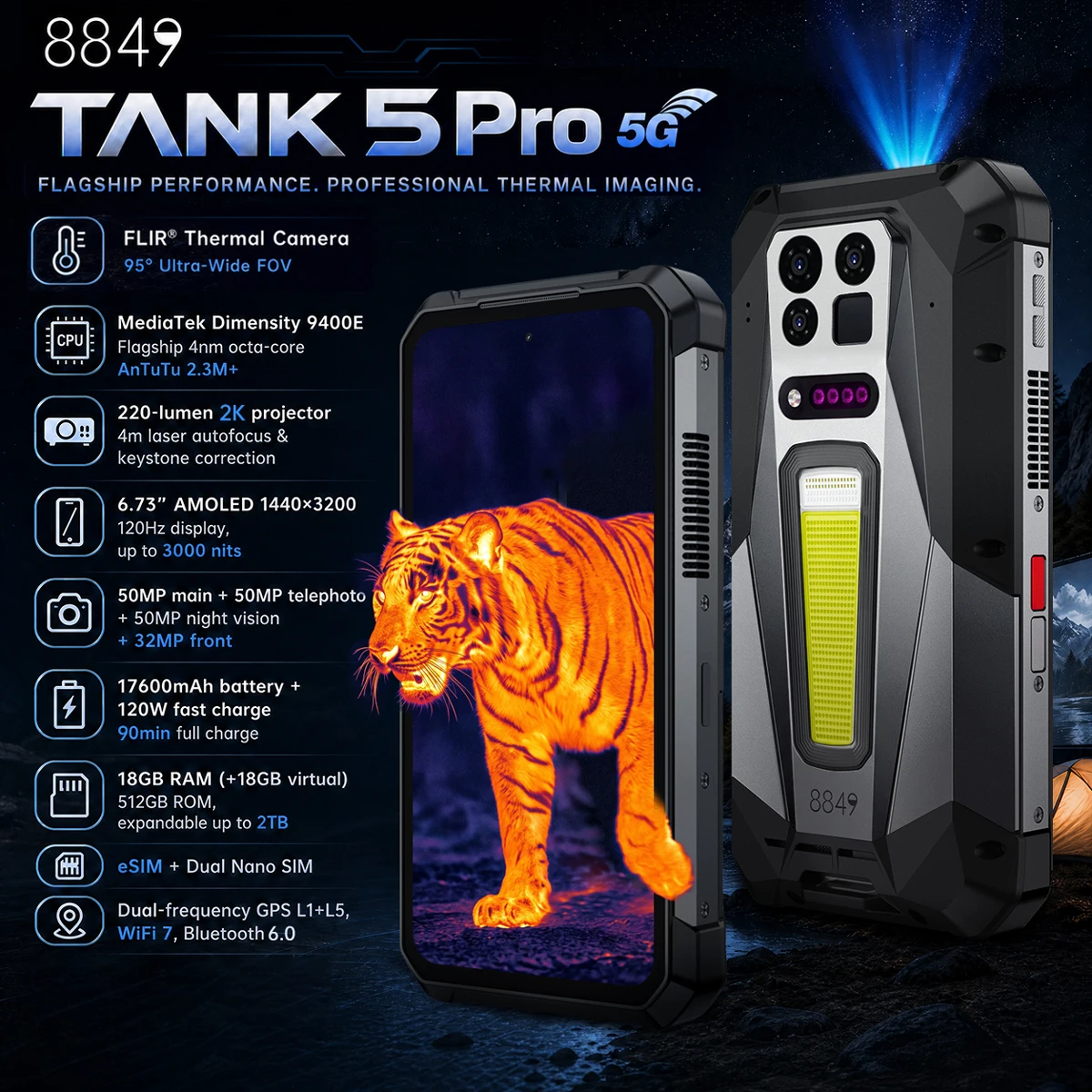 8849 TANK 5 Pro FLIR Thermal Imaging 2K Projector Rugged Smartphone eSIM Dimensity 9400e 3K AMOLED 17600mAh 220Lumen 18GB+512GB