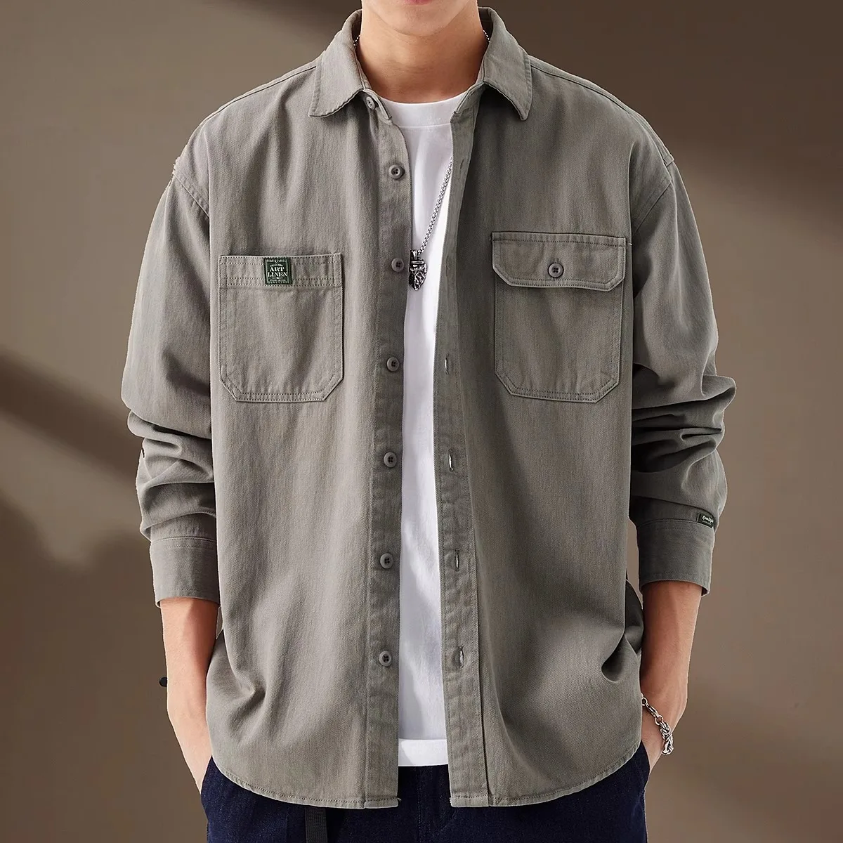 

New Men's Cargo Shirt Autumn Korean Casual Oversized Grey Cargo Shirt Classic Retro Men Clothing Outdoor Sports Durable Top