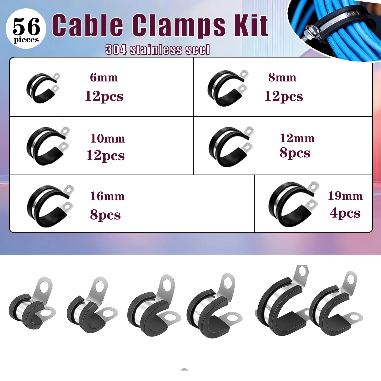 56pcs Rubber Cushion Pipe Clamps Assortment Kit ,Stainless Steel Cable Clamps