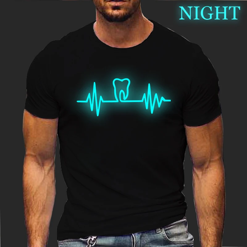 Funny Dentist Heartbeat T-shirt Men Short Sleeve Glowing T Shirt Hip Hop Tooth Teeth Pattern Tees Tops Harajuku Streetwear Shirt