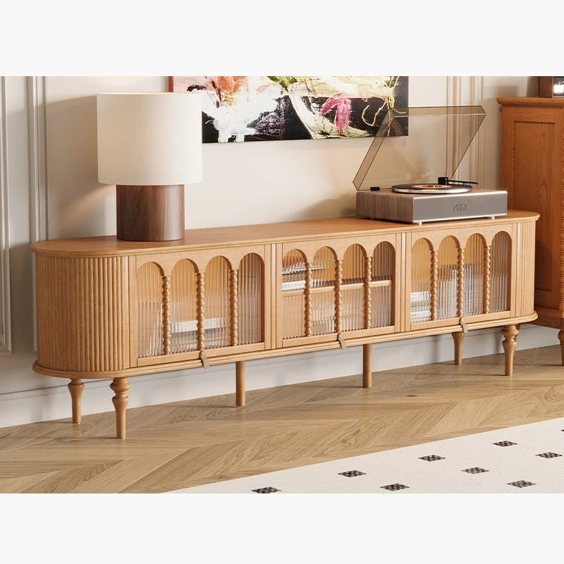 

Cream wind all solid wood TV cabinet French TV cabinet coffee table combination living room household floor cabinet log TV cabin