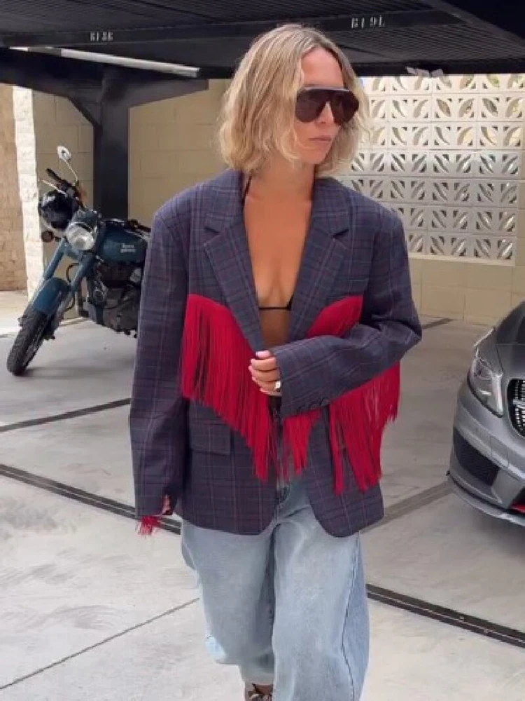 Women Vintage Plaid Fringe Blazer Notched Collar Open Front Wing Tassel Long Sleeve Outerwear Chic Daily Party Streetwear Outfit